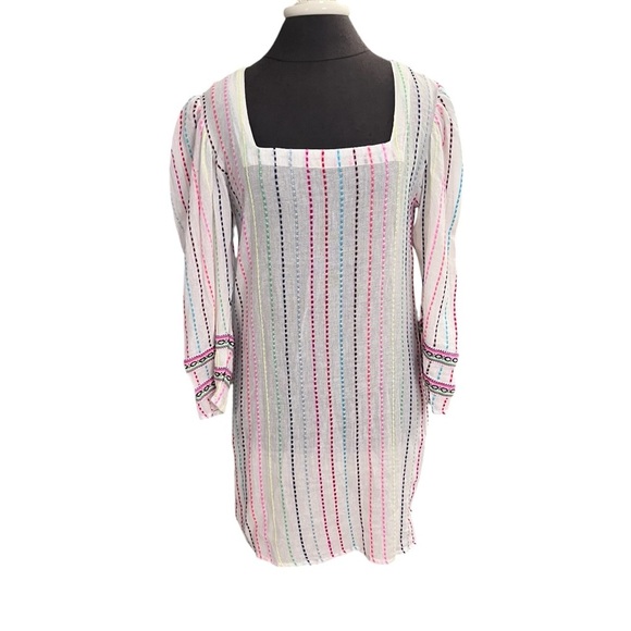 NWT Pitusa White Striped Embroidered Long Sleeve Square Neck Tunic Coverup S - Picture 1 of 10